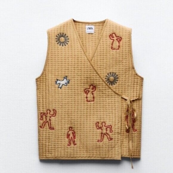 Zara Blogger Favorite Women’s Oversized Quilted Embroidered Wrap Vest Brown L - Picture 5 of 15